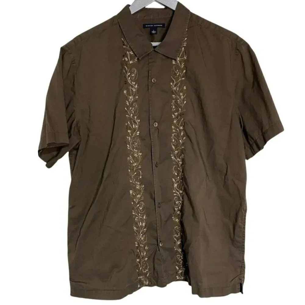 Banana Republic Shirt‎ Large Brown Embroidered Short Sleeve Button Down Casual